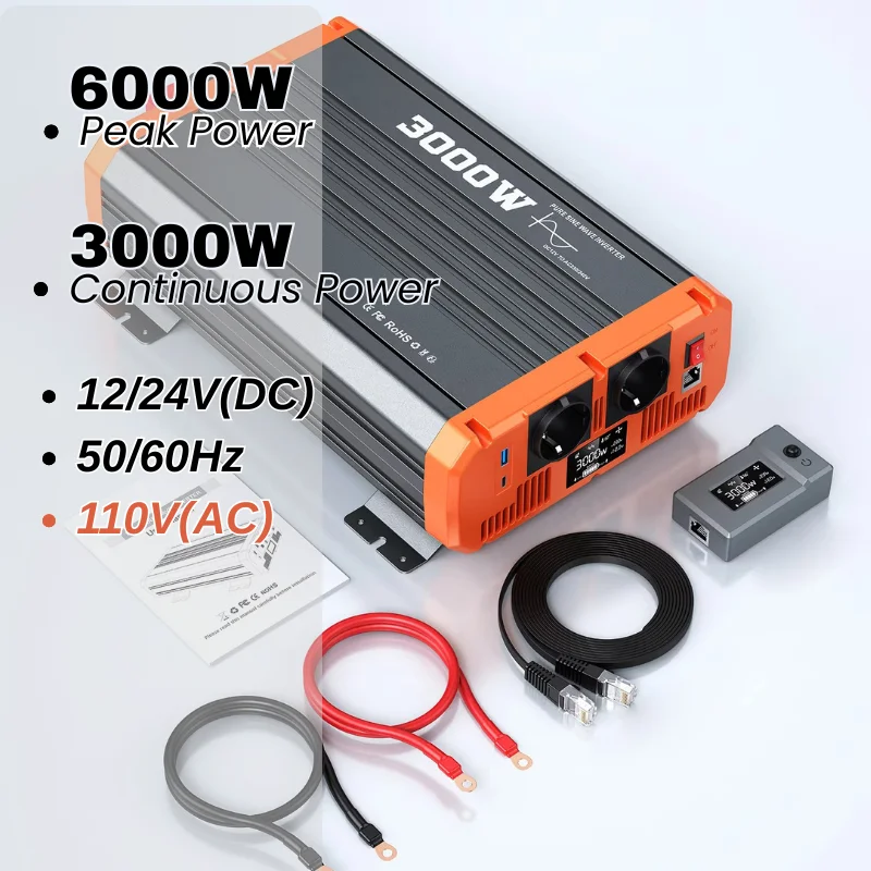 3000W/6000W Pure Sine Wave Inverter 12V/24V/48V to 110V/230V, LCD Display, Remote Control, for Home, Camping, RVs, Off-Grid Syst