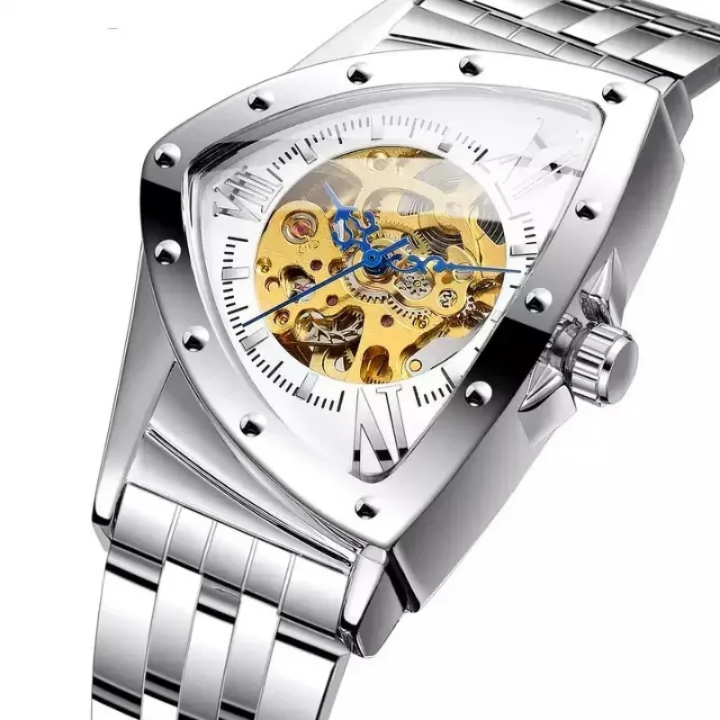 Relógios mecânicos masculinos de luxo esqueleto triangular dial com espelho resistente a riscos à prova dwaterproof água relógio mecânico automático