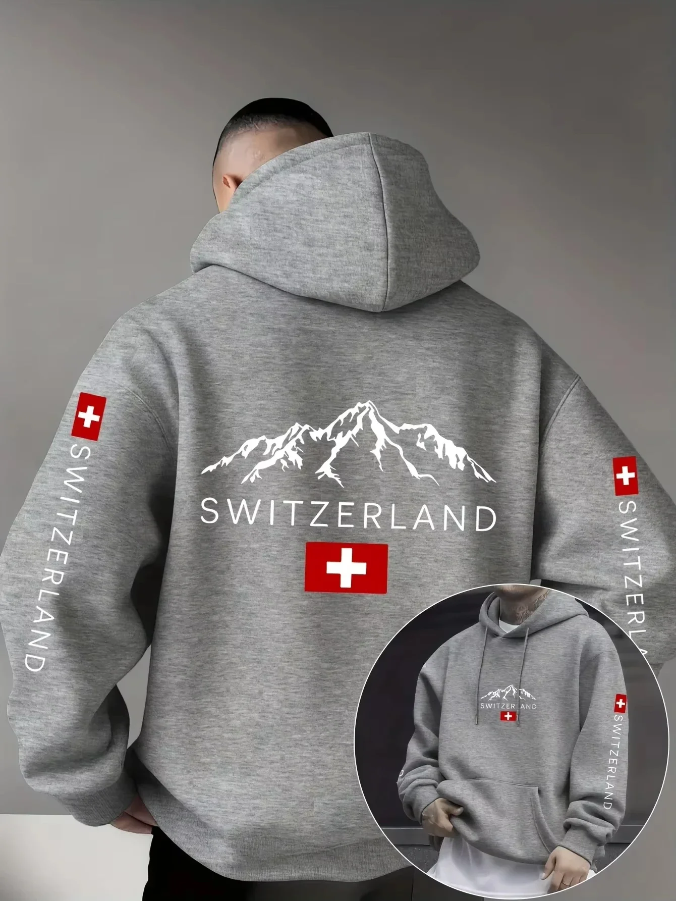 Men Switzerland Alps Mountain Hoodie White Cross Travel Graphic Pullover Oversized Casual Streetwear Fall Winter Sweatshirt