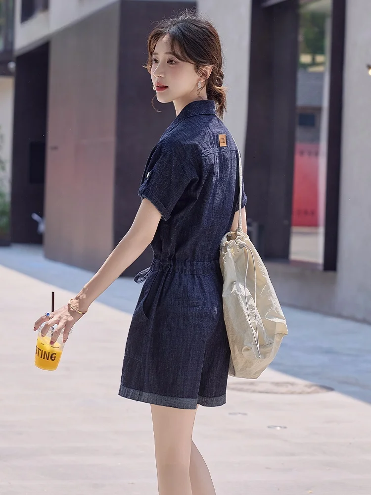 La Chapelle zomer nieuwe dames dunne denim eendelig pak hoge taille rechte pijpen katoenmix busin casual overall jumpsuit