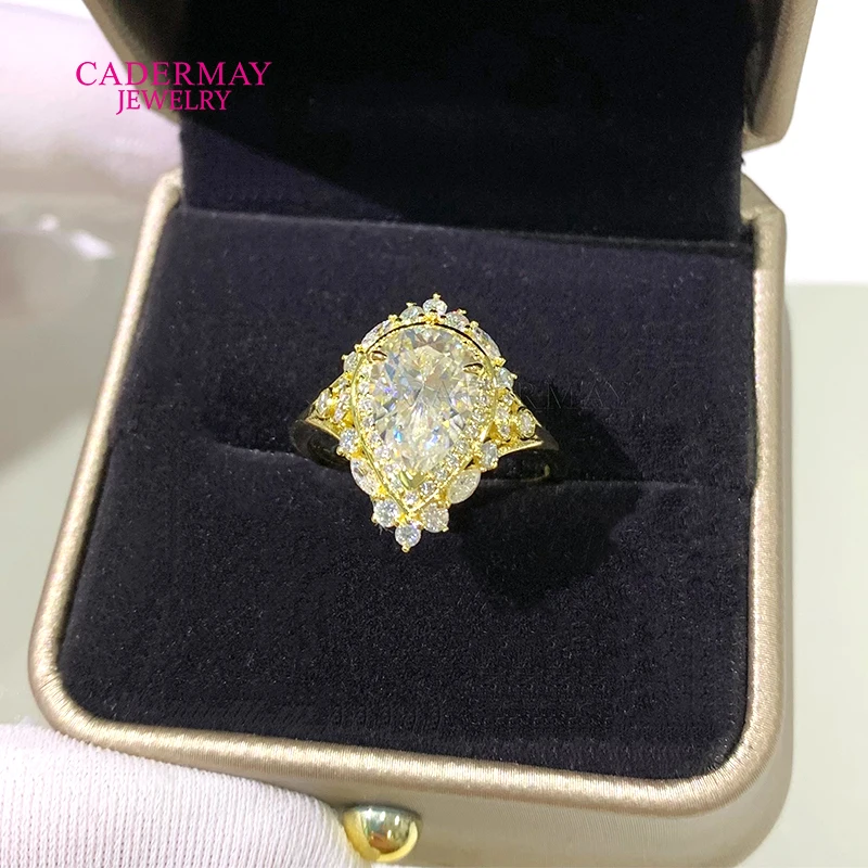 Cadermay 925 Silver Yellow Gold Plated 2ct Pear Cut D VVS Moissanite Halo Ring Vintage Moissanite Wedding Engagement Ring Women