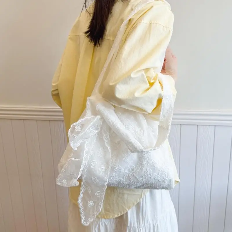 الكورية الطازجة الدانتيل زهرة قماش حقيبة الكتف أزياء حلوة سعة كبيرة التسوق التنقل حمل للنساء #2