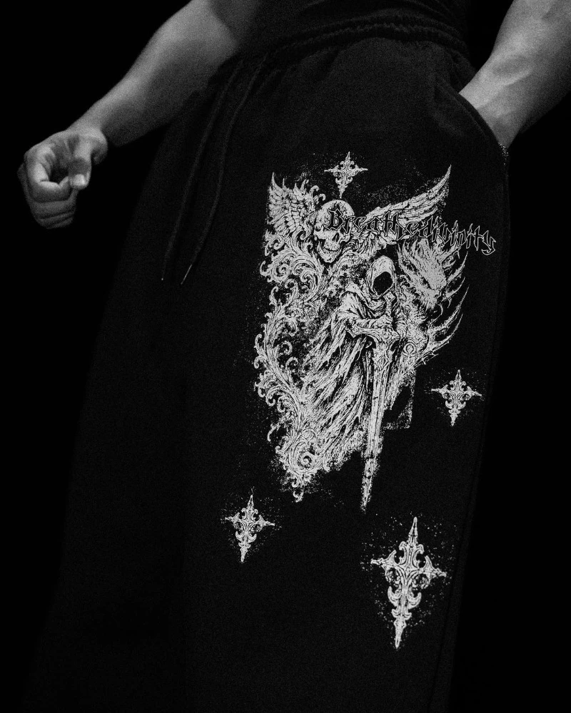 

Print Casual Sweatpants Black Polyester Elastic Drawstring Waist Straight Leg Machine Washable Comfortable Clothing Sporty Pants