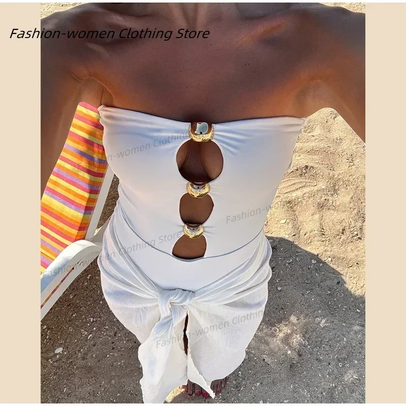 Bañador Sexy de una pieza para mujer, traje de baño ajustado sin tirantes con Espalda descubierta, ropa de playa para vacaciones de verano