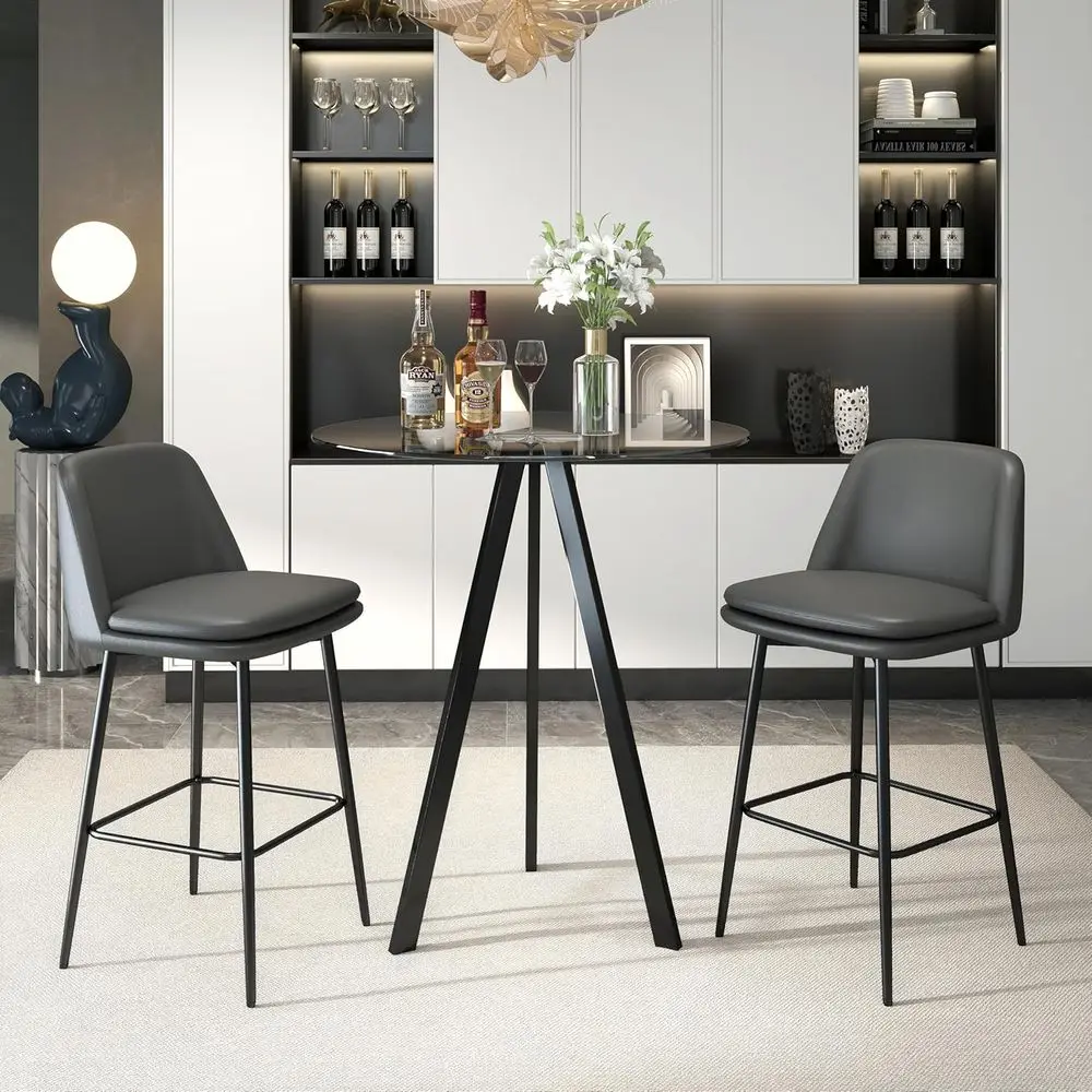 

Round Glass Top Pub Table Set with 2 Swivel Upholstered Bar Stools, Counter Height, 31.5 Diameter, 25.6 Seats, Black & Grey