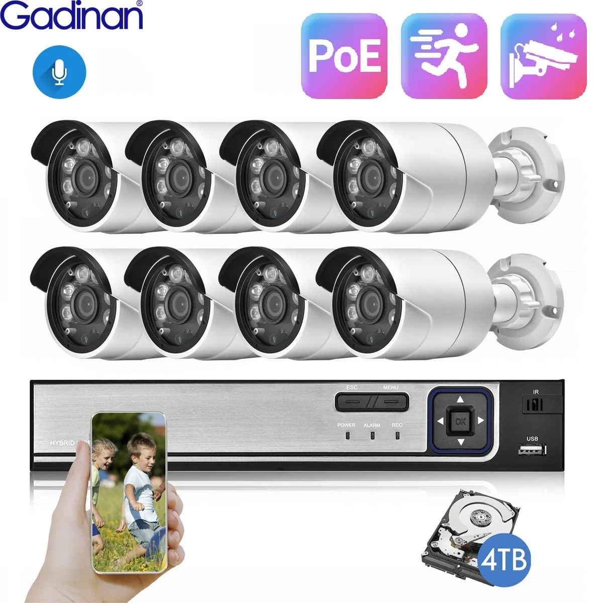 

Gadinan 3.6mm 5MP 4MP IP Camera 8CH / 4CH Motion Detection POE Camera 48V Metal Audio Outdoor Camera Security System Set XMEye