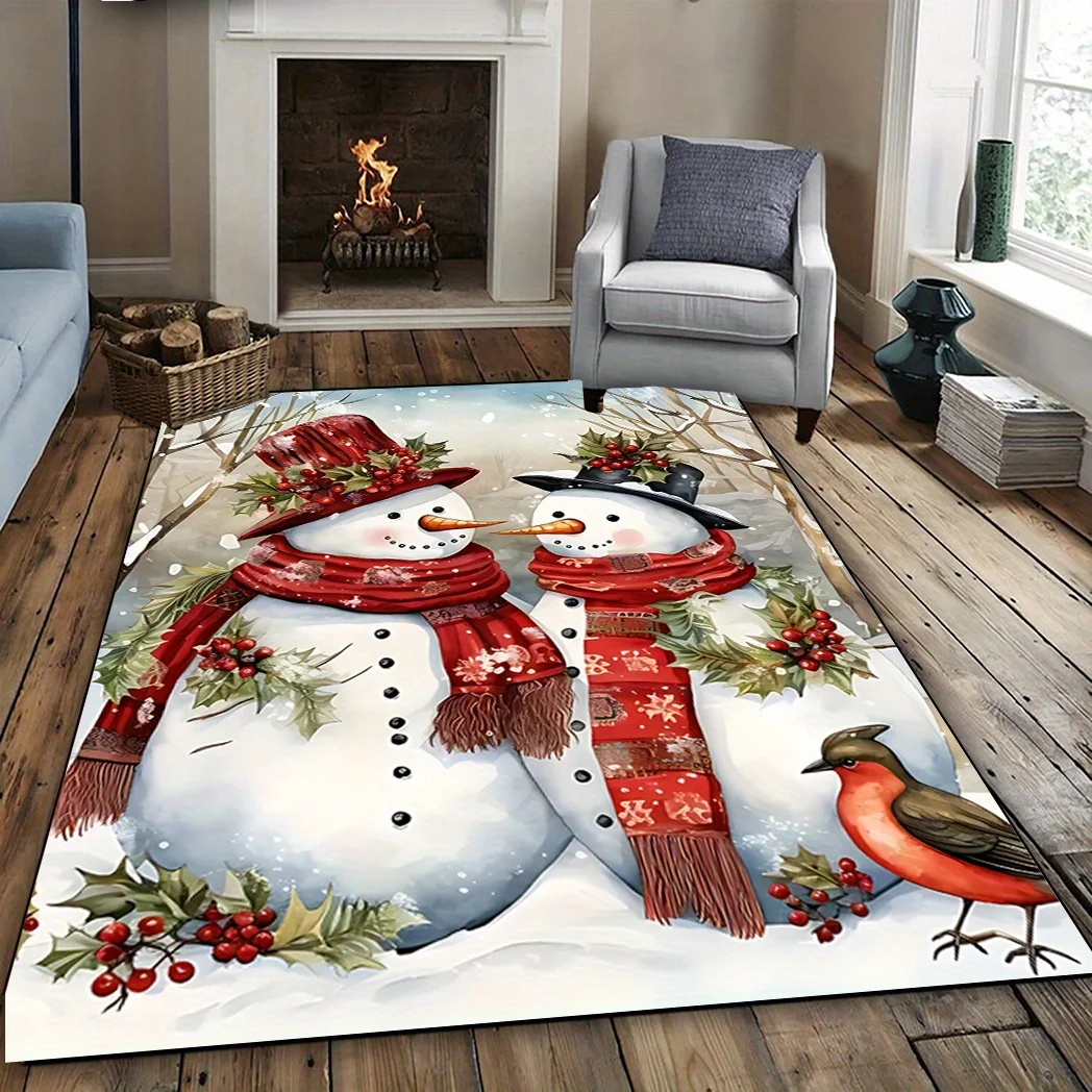 VIKAMA Winter Snowman Large Rug,Anti‑Slip Indoor Mat,Scarf‑Wearing Snow Birds Print Carpet for Bedroom Festival Home Decoration