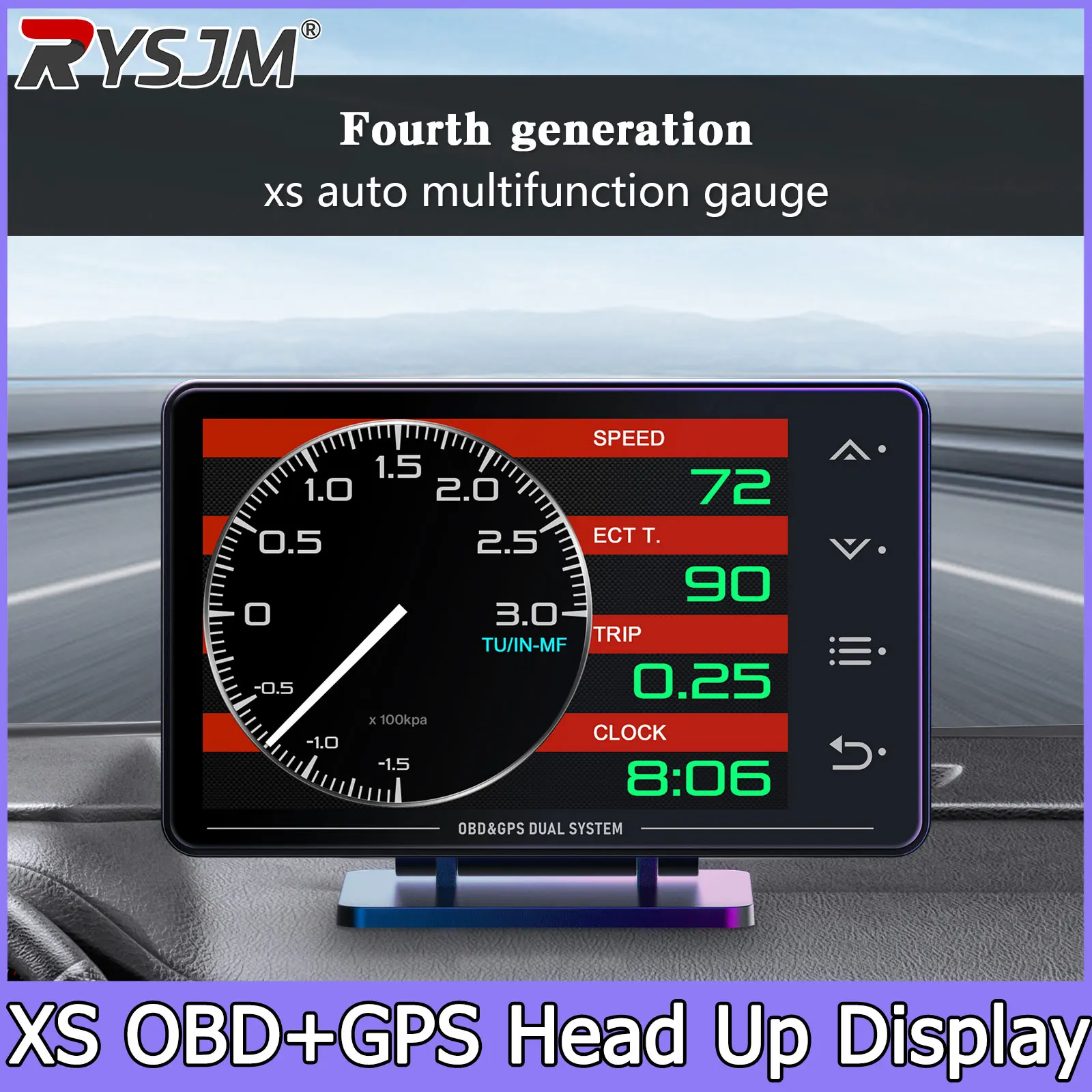 

Автомобильный дисплей XS Car OBD2 с сенсорными кнопками, GPS HUD, LCD-экраном, функциями сигнализации, показателями давления и температуры масла.