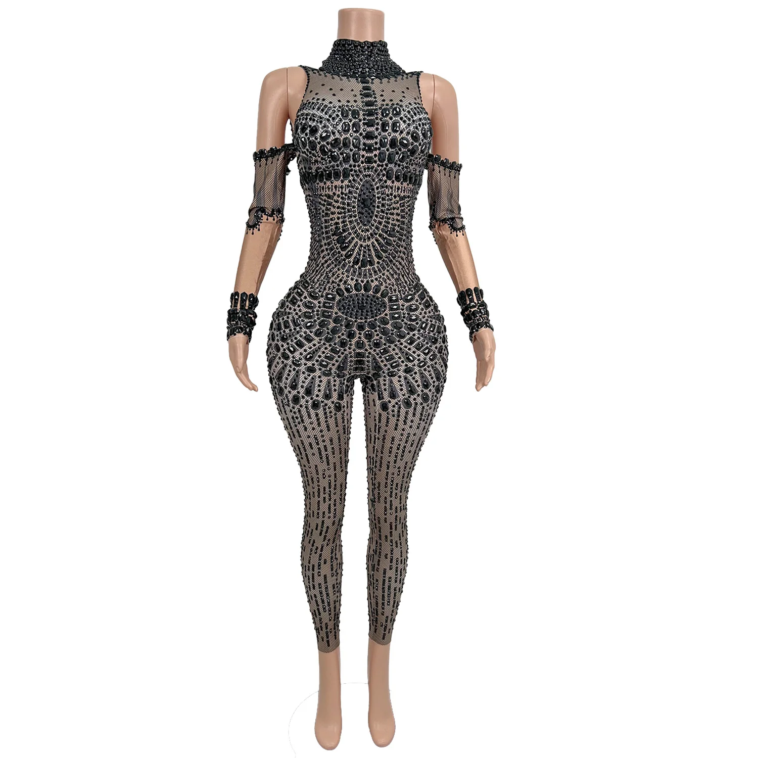 

Sexy See Through Crystal Rhinestone Jumpsuits Women Black Nightclub Party Bodysuits Skinny Playsuits Stripper Outfits Rompers