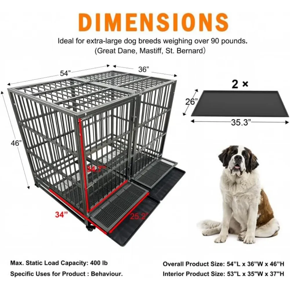 Jaula para perros resistente de 54 pulgadas con ruedas, perrera de acero indestructible y a prueba de escape para perros de alta ansiedad con