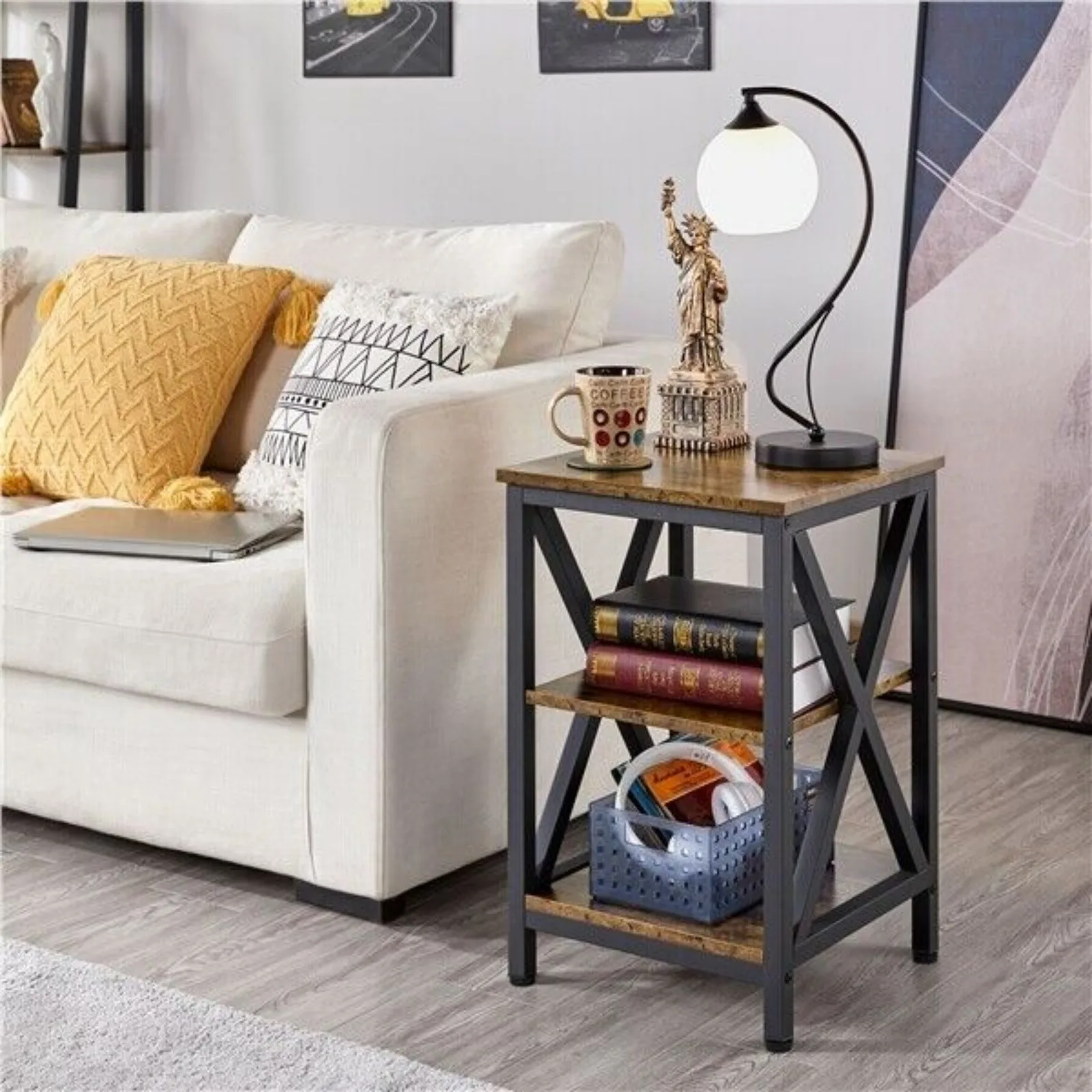 

US 3 Tier Rustic End Table Industrial X Shape Small Wooden Side Table Living Room