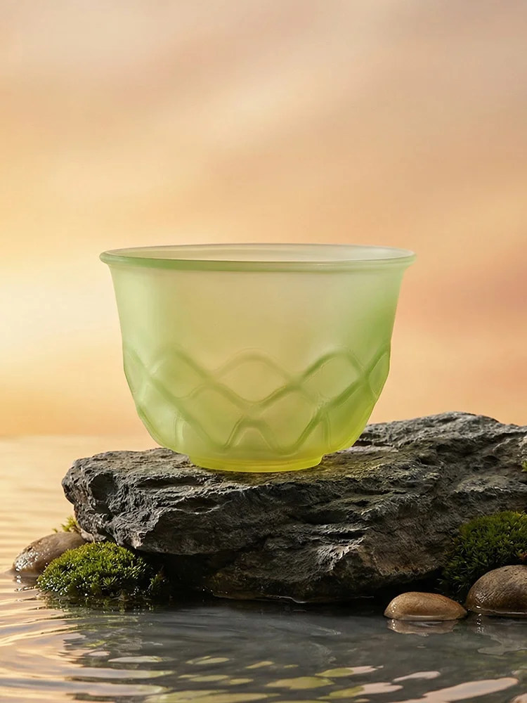 Green Color Museum Quality Glass Cup Creative Owner Cup Delicate Net Patterned Artistic Chinese Style Tea Cup for Festive Gifts