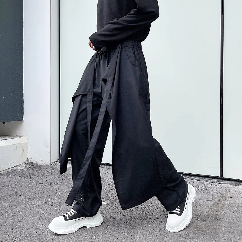 

2023Waist Elastic Hem Double Button Fashion Up Lace Men's Casual Pants Men Harajuku Streetwear Trend Skirt Splice Pant Long Trou