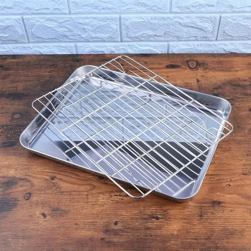 

2 Pieces/Set Rectangular Baking Tray Stainless Tray Cookie Cooling Rack Steel Baking Pan Sheet with Removable Cooling Rack