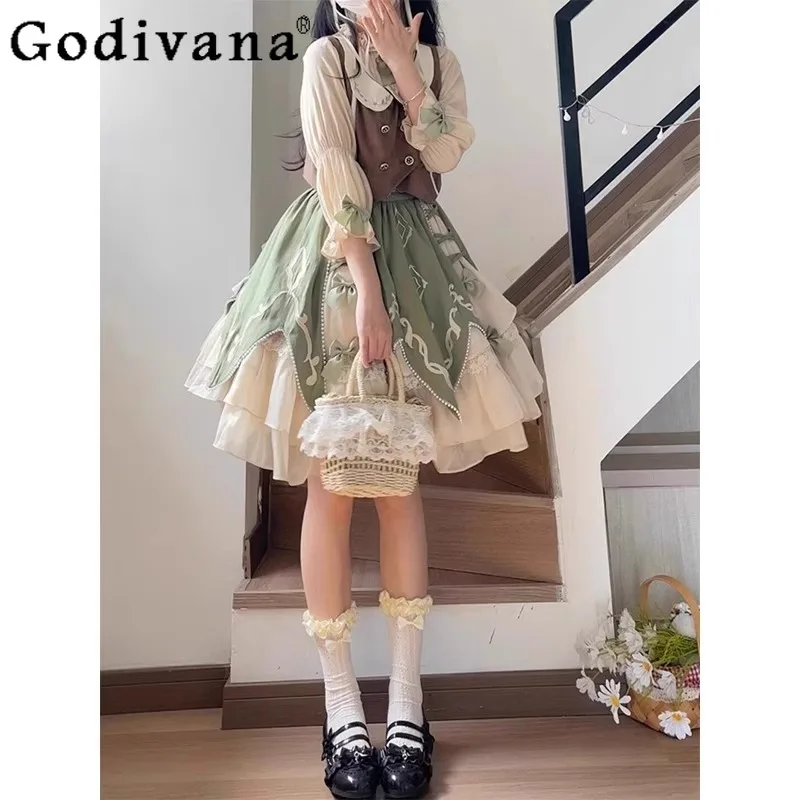 Conjunto de falda y camisa estilo muñeca Vintage verde para mujer, traje de falda dulce de princesa de estilo japonés, trajes de Lolita de calle alta para mujer