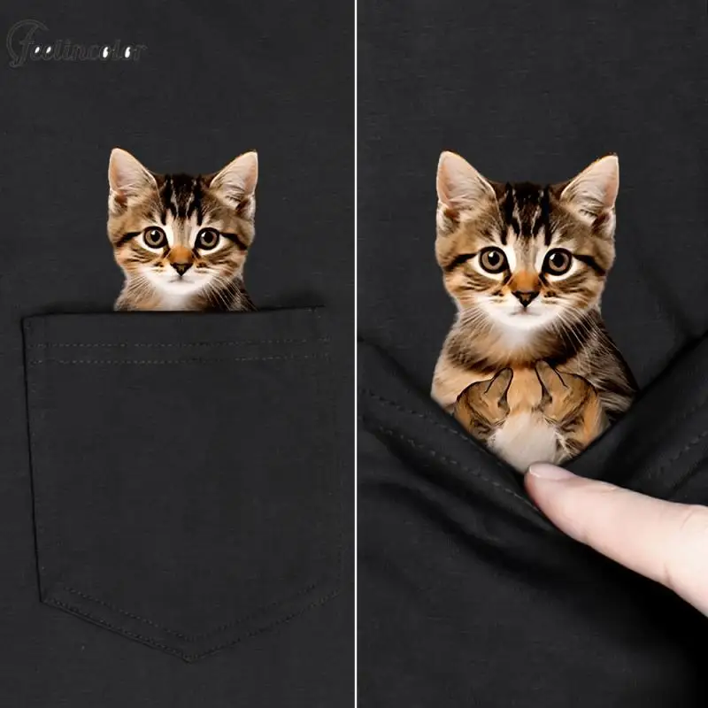 Fashion Men T-Shirt Cute Cat Dog Pocket T-Shirt 3D Printed Male for Women Shirts Tops Funny Round Neck Black Tees Clothing