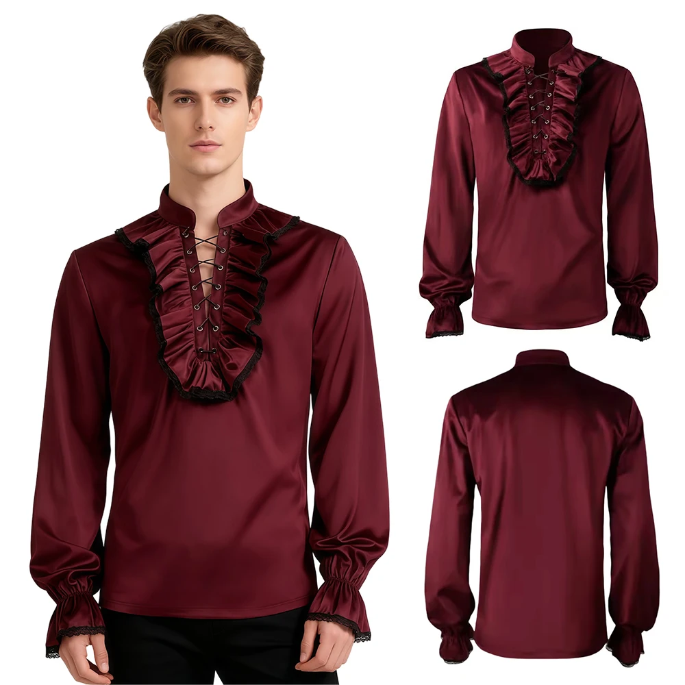 ヨーロッパ系アメリカ人男性のプリーツシャツ中世ビクトリア朝のブラウススチームパンクブラウストップスカーニバルファンシーパーティーコスプレ衣装