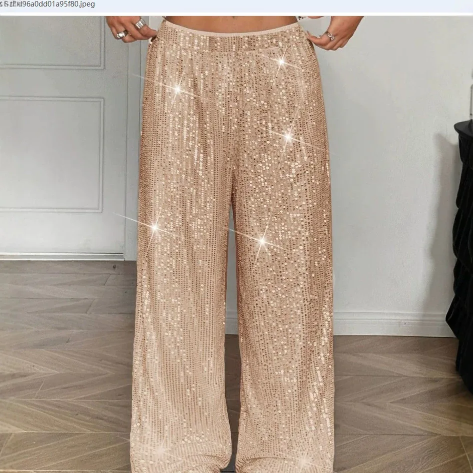 Women Sparkling Sequin Wide Leg Trousers Elastic High Waist Loose Fit Glitter  Pants