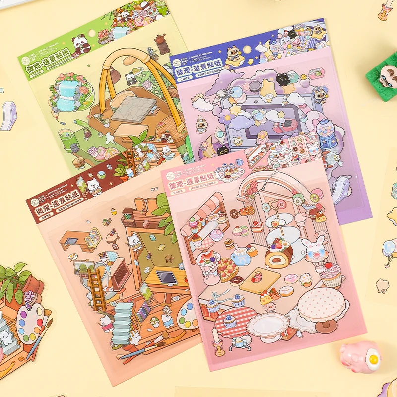 Kawaii 3d cena em miniatura paisagem adesivos dos desenhos animados bolso casa visual empilhamento diy bonito adesivos presentes do festival das crianças