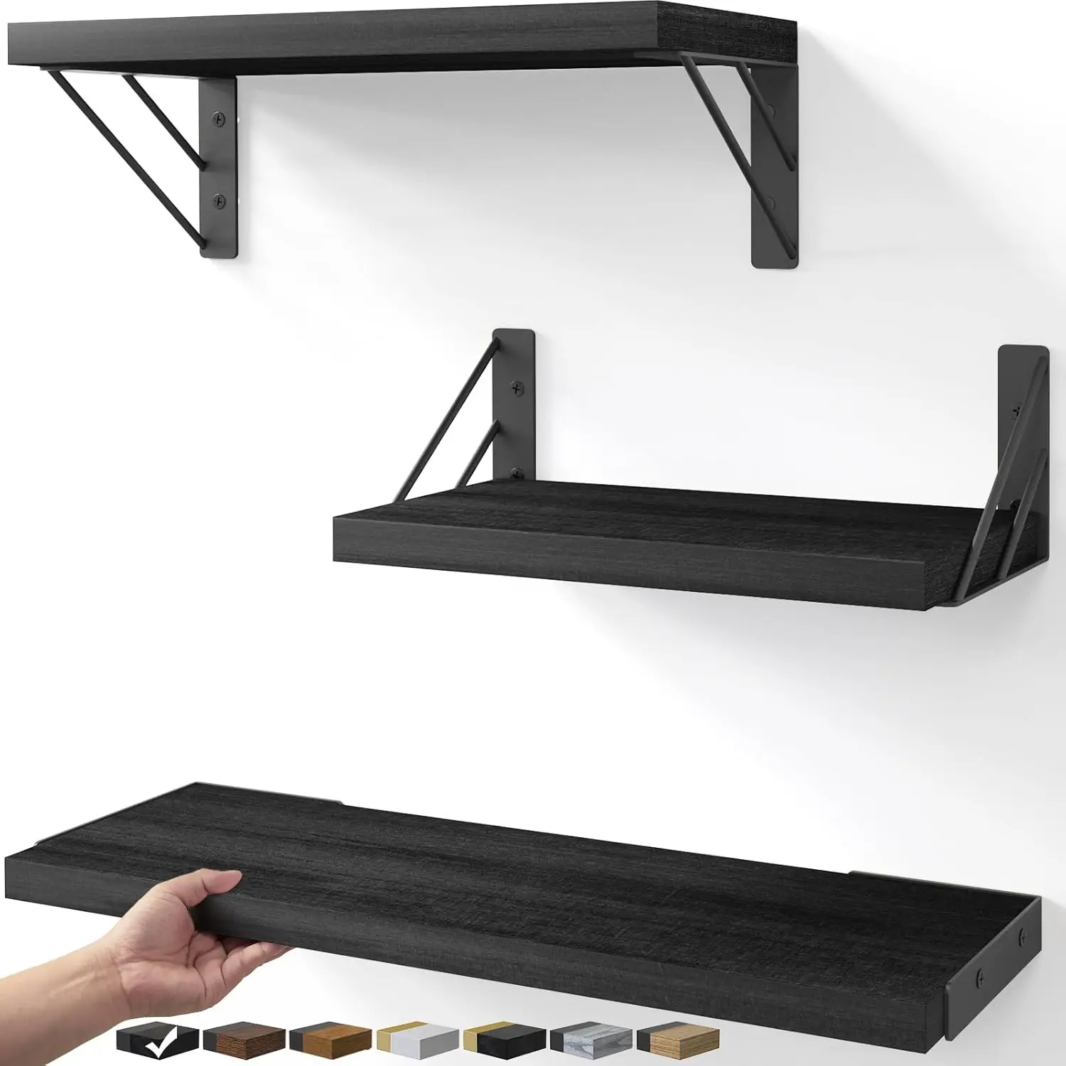 Floating Wall Shelves Set of 3, Rustic Wood Bathroom Shelves for Decor, Space-Saving Storage for Living Room, Bedroom, Black