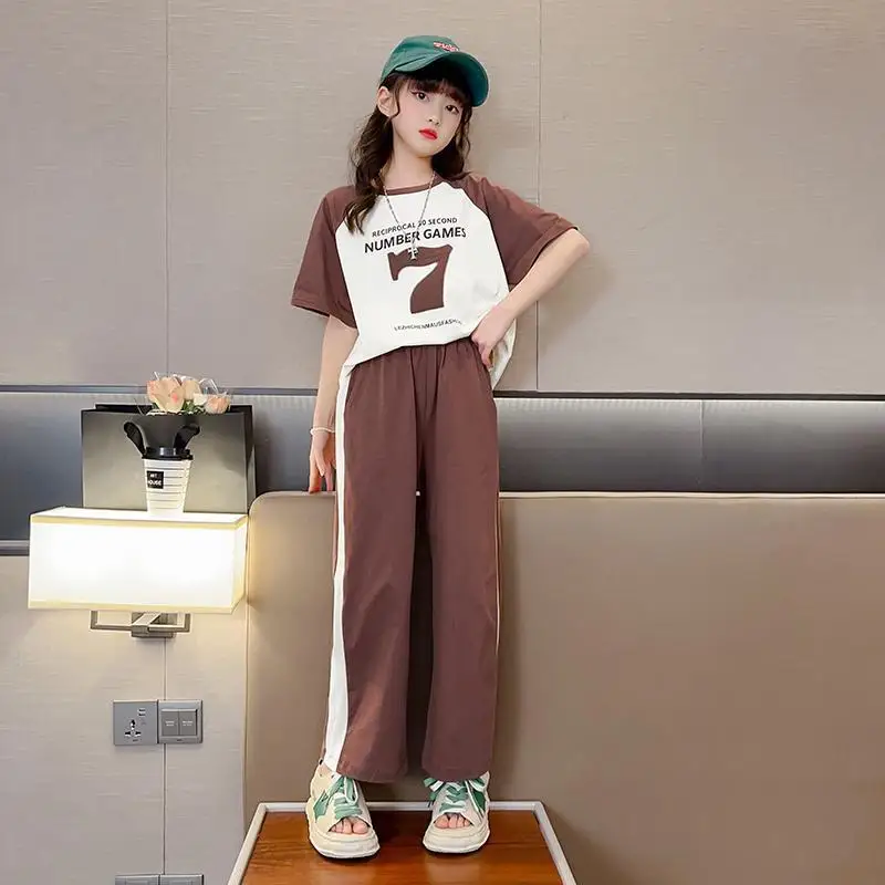 Girls 2023 Summer New Fashion Trendy Short Sleeve Suits 4 6 8 10 12 14 Years Youth Teenage Girls Korean Style 2Pcs Tees Clothes