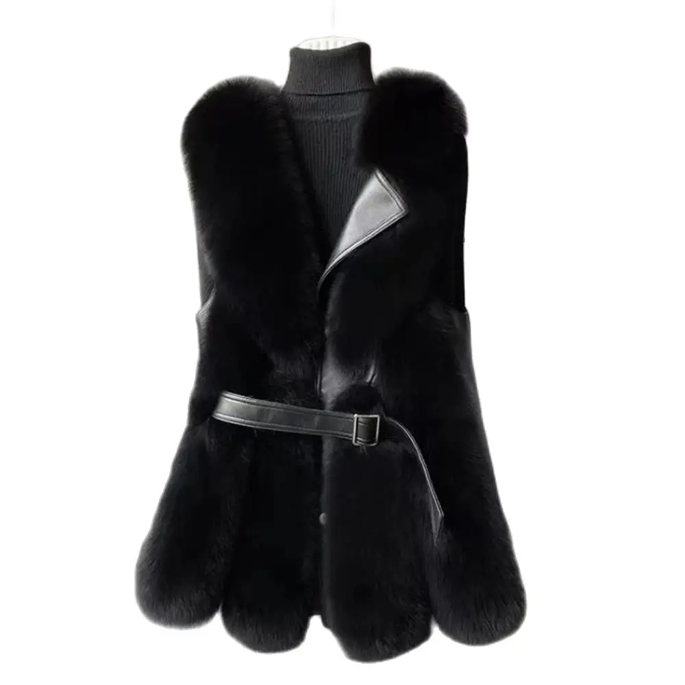 Women's Faux Fox Fur Waistcoat Slim Jacket Chic Sleeveless Vests with Belt New Fashion Vest 2024