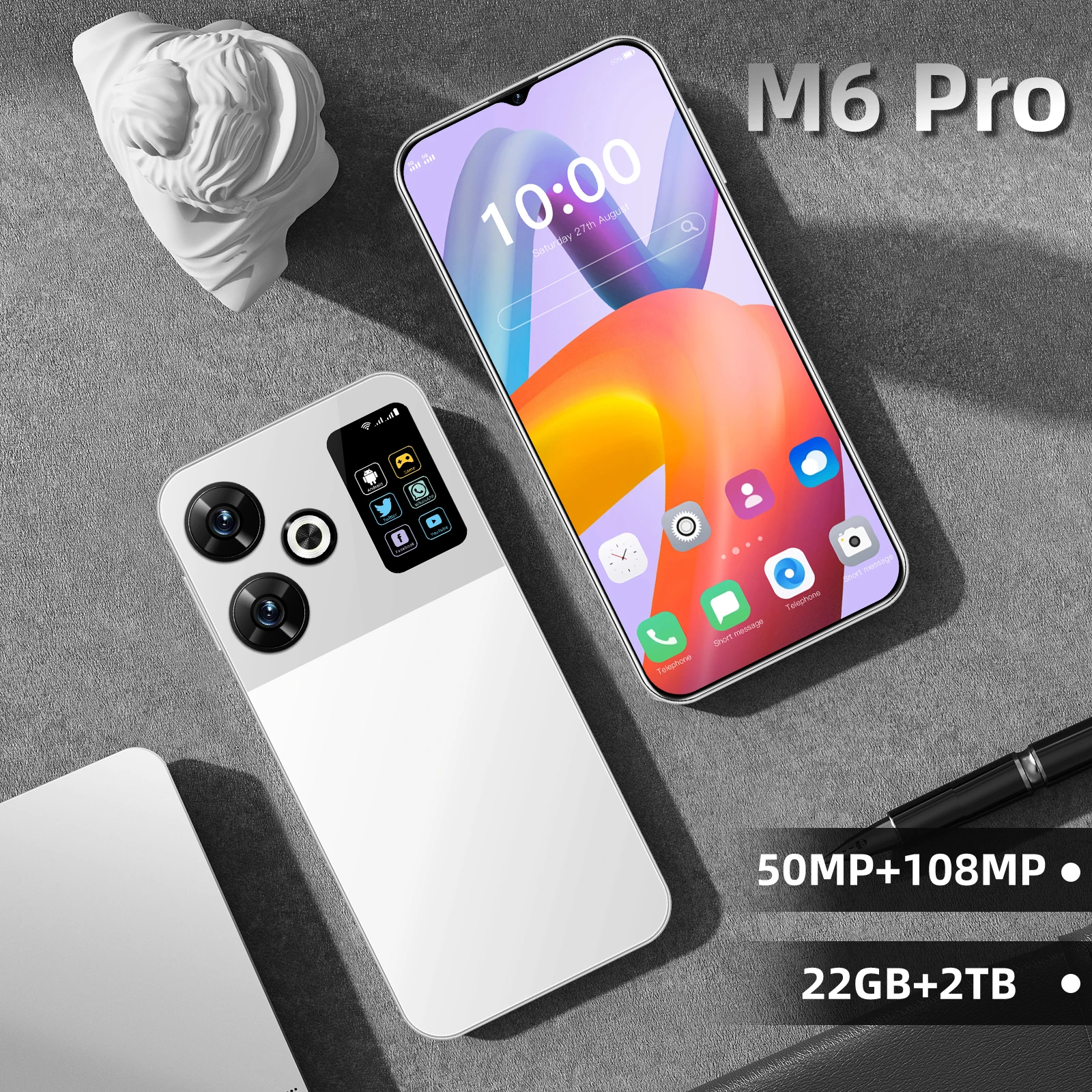 

Original M6 Pro Smartphones 7.3-inch HD 22GB+2048GB 108MP+50MP 8000mAh Android 14 Qualcomm Snapdragon 8 Gen3 Dual SIM