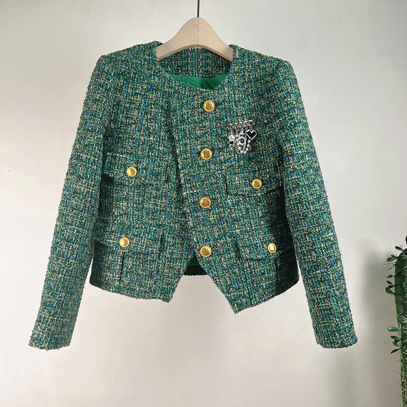 

Fashion Luxury Colour Tweed Outerwear New French Autumn Winter Golden Single Breasted O Neck Female Green Woolen Jacket Coat