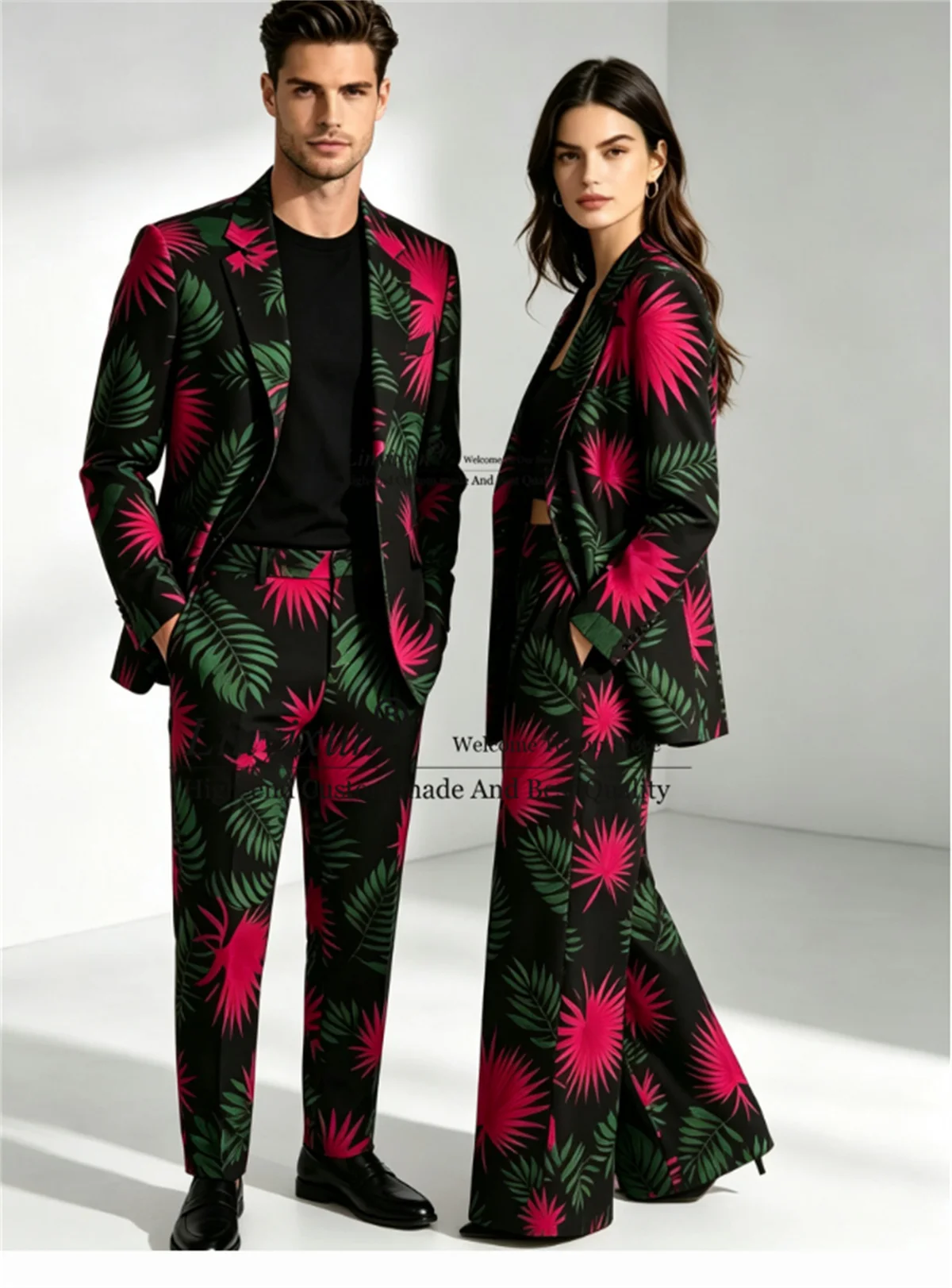 Customized Print Floars Wedding Suit for Couples 2 Pieces Sests Groom's Tuxedos Slim Fit Women & Men Sets Prom Party Blazers
