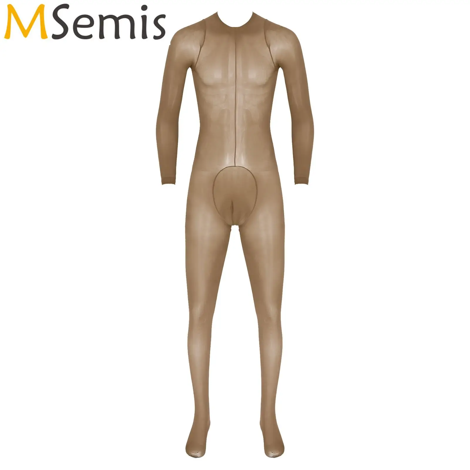 Mens Glossy Stretchy Bulge Pouch Leotard Unitard Costume Lingerie Long Sleeve Bodystocking Sexy See Through Bodysuit