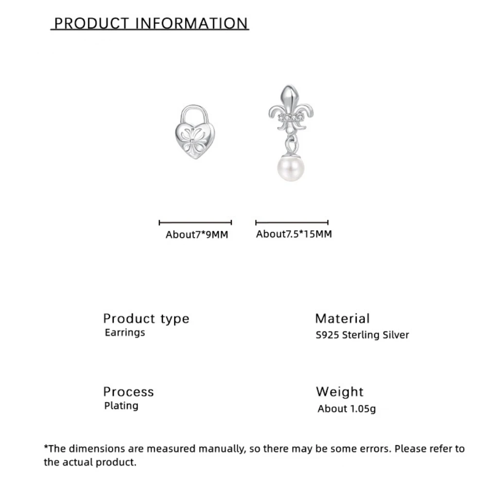 أقراط قفل الحب من الفضة الإسترليني عيار 925 للنساء هدية مجوهرات أذن غير متماثلة متعددة الاستخدامات من اللؤلؤ الكوري #5
