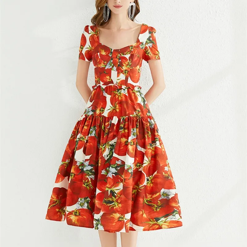 2023 Tomato Flower Red Beach New In Dress Women's Square Collar Short Sleeve Floral Print Backless Lace Up Bow Vestidos