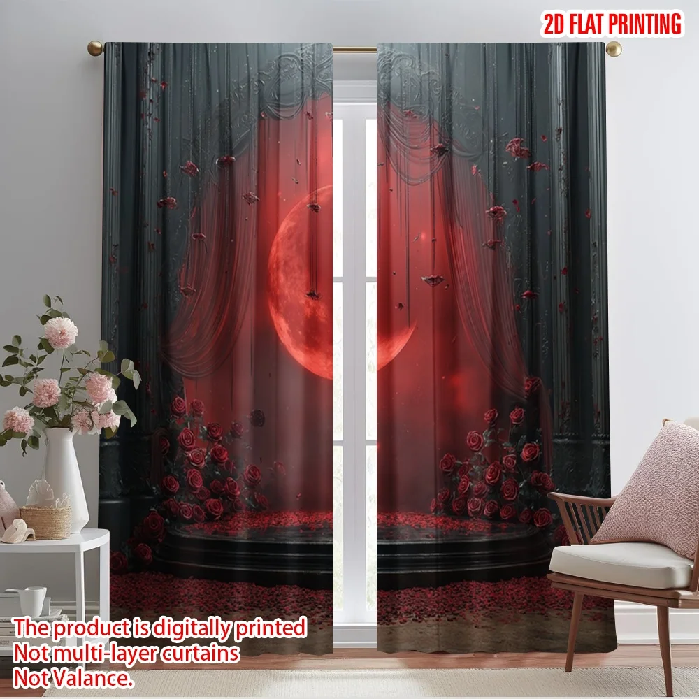 2pcs,2D plane printing Curtains&Window Treatment Gothic Style Crescent Black Rose Silver Ring Durable 100% Polyester Fabric