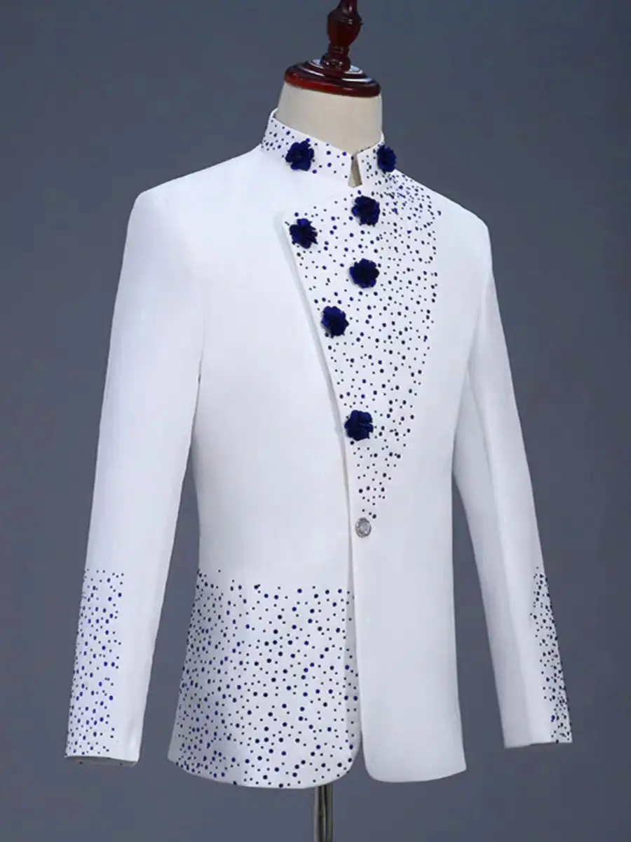 Chinese Style White with Blue Diamond Inlay Stand Collar Suits Men's Retro button Zhongshan Suits Party Show Performance Set