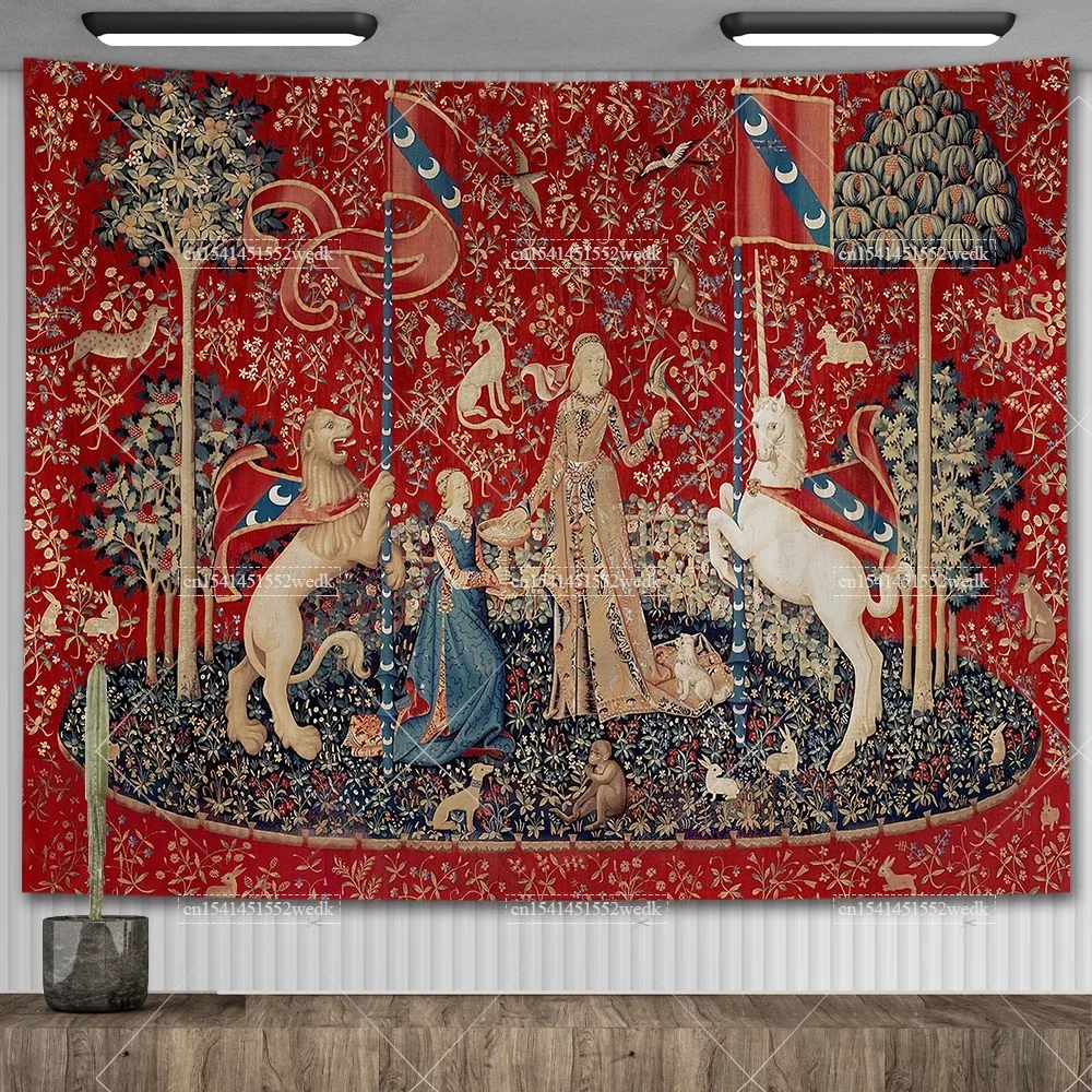 Maiden And Unicorn Medieval Tapestry Wall Hanging Aesthetic Room Decor Ancient Egypt Tapestry Macrame Bedroom Decoration Carpets