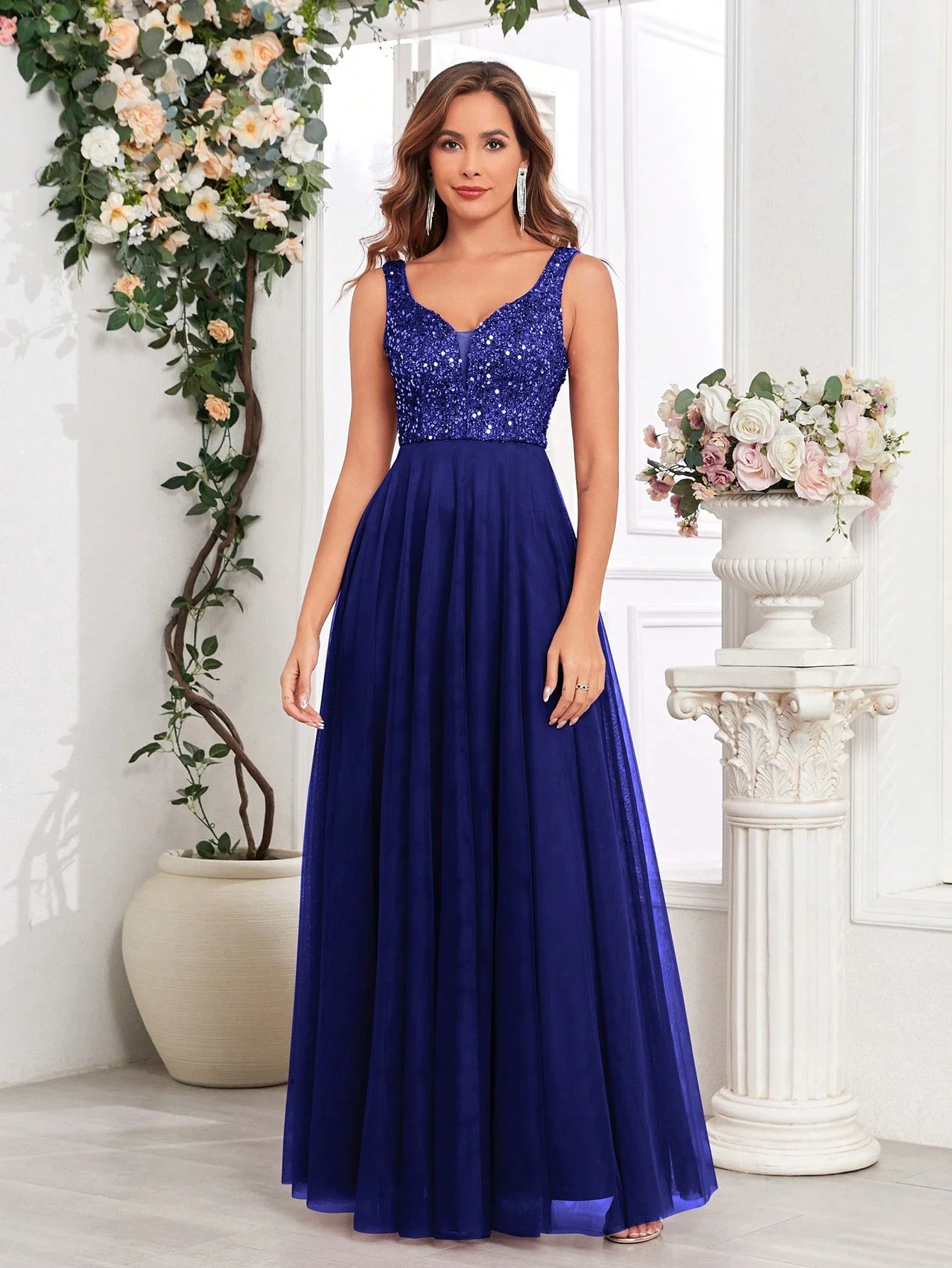 

Elegant V-Neck Sequined Mesh A-Line Floor-Length Formal Dress For Gala Evening Bridesmaid Wedding Guest New Customized 2026