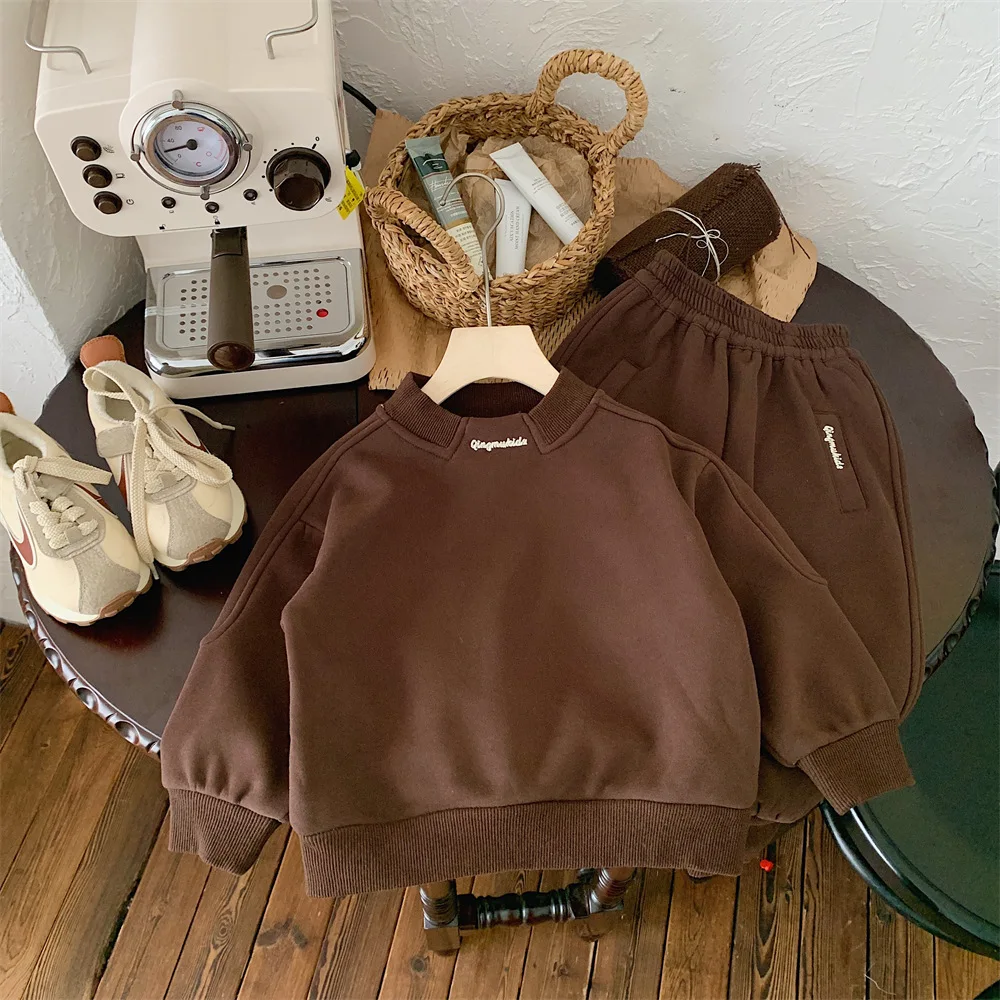 

Children Clothing Set 2023 Autumn Winter Boys Fleece Hoodie Girls Korean Style Solid Color Warm Casual Simple Two-piece Set