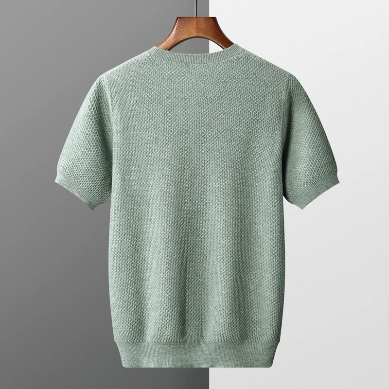 Men's short sleeve T-shirt pullover 100% pure wool sweater spring and summer new casual fashion solid color trend top