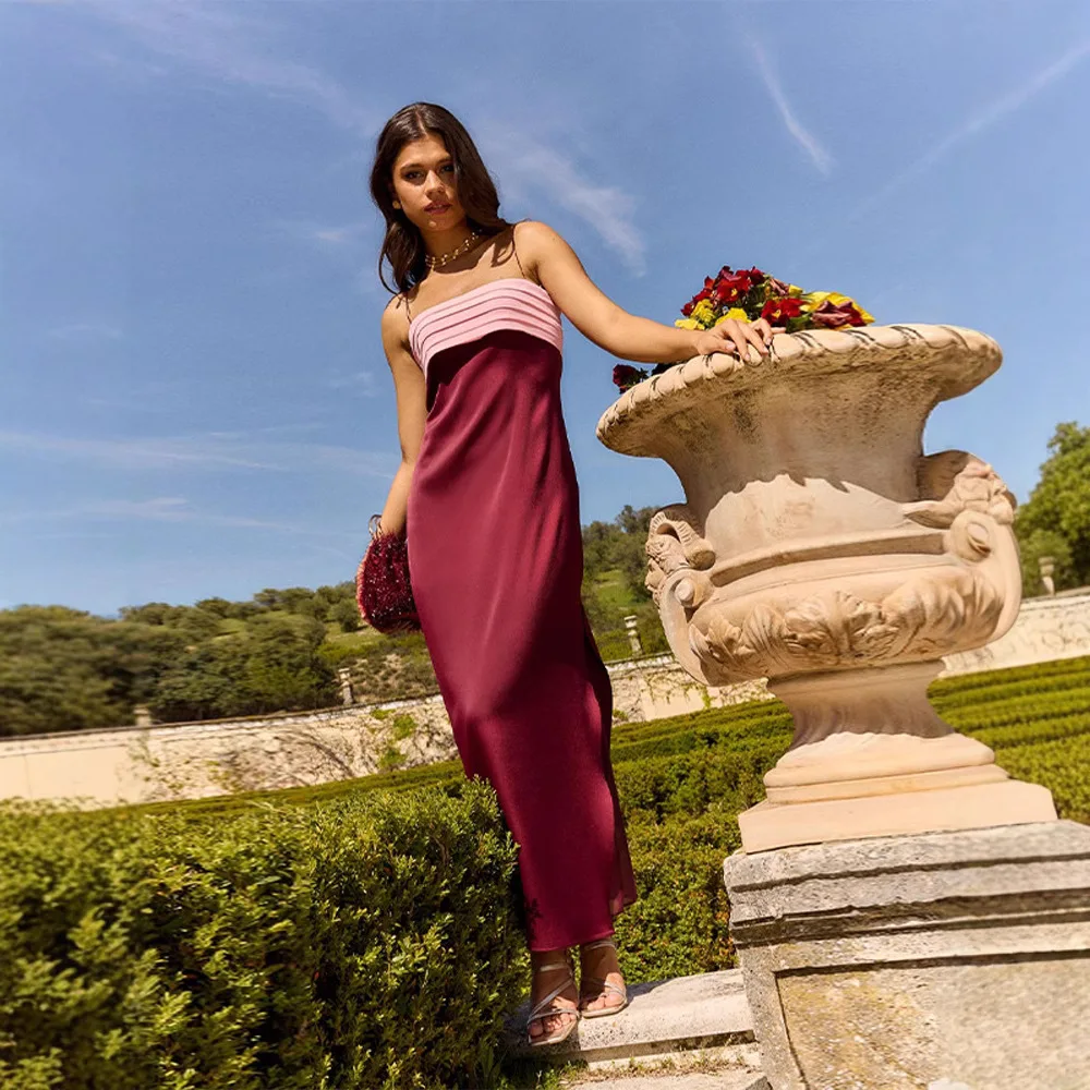 Elegant Color Block Suepander Maxi Dress Sleeveless Halter Spaghetti Strap Satin Dresses 2025 New Summer Lady Party Streetwear