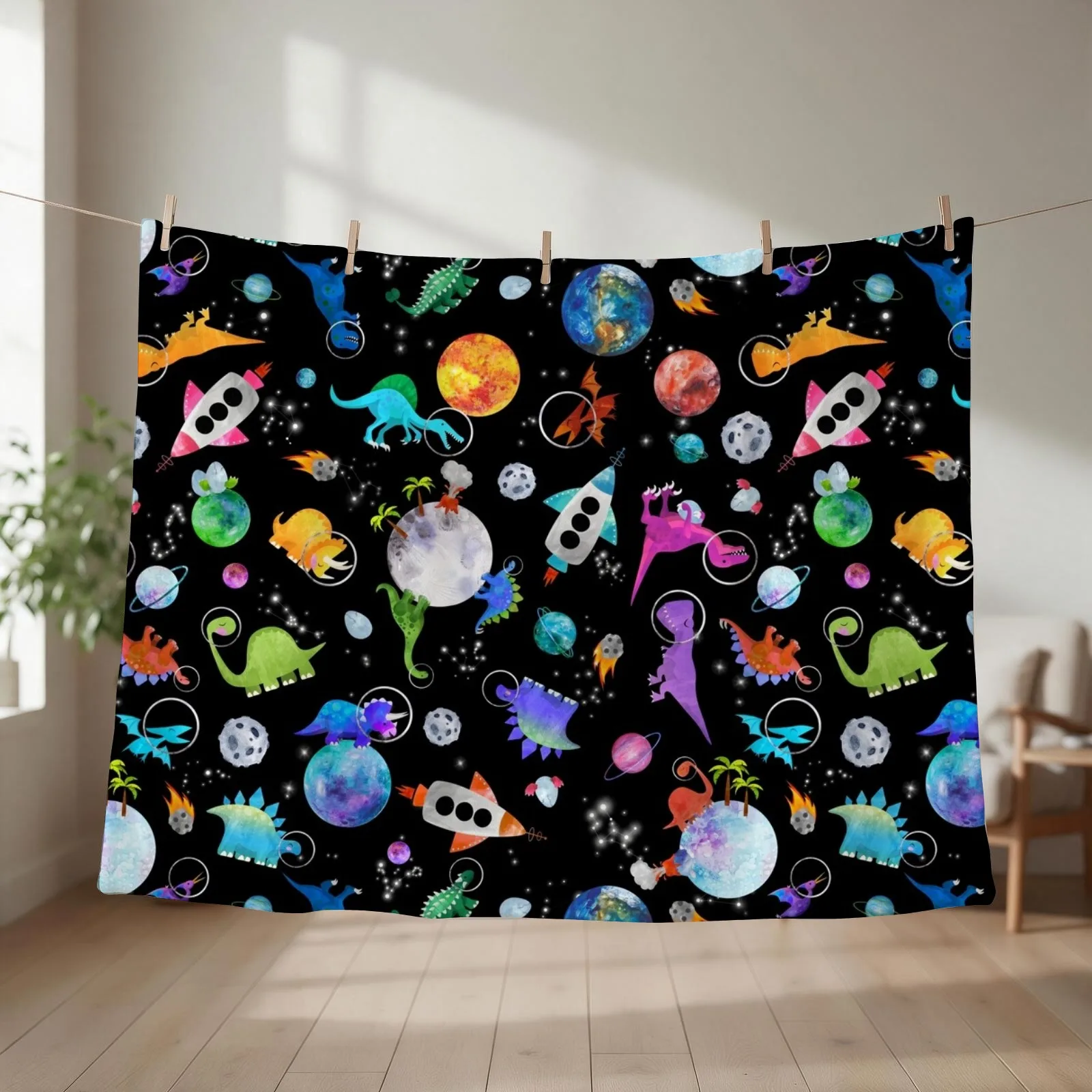 Dinosaur Astronauts In Outer Space Throw Blanket couch cozy soft plush fuzzy picnic outdoor blanket