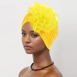 2025 Indian Turban Big Flower Chemo Cap Women Muslim Hijab Hat Pleated Beanie Bonnet Hair Loss Head Wrap Headband Turbante Mujer