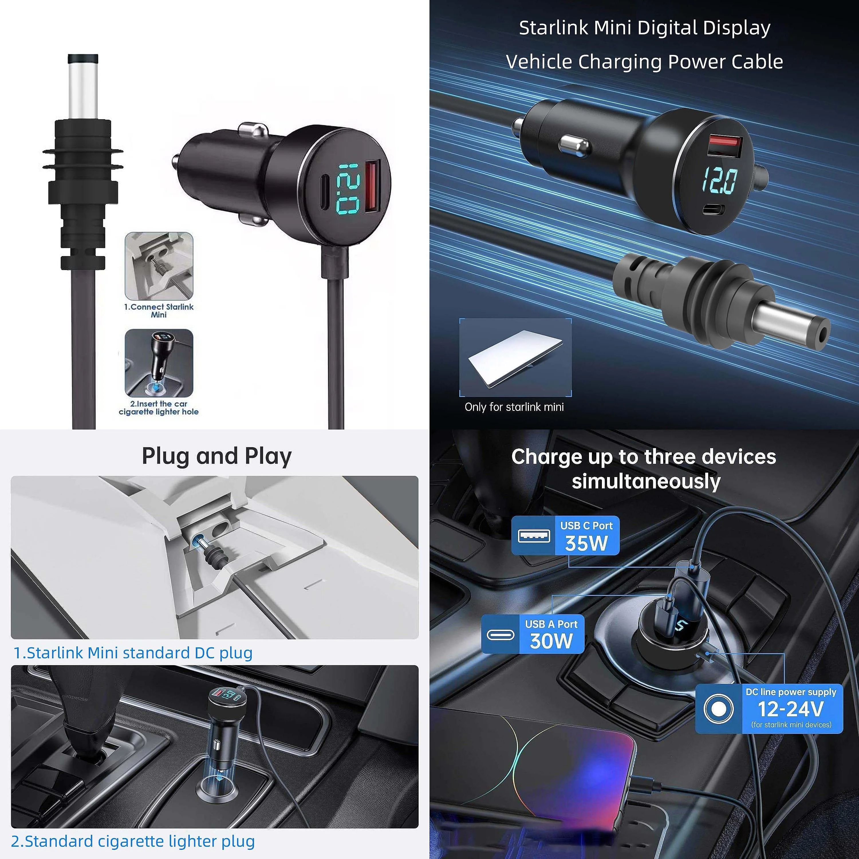 For Starlink Mini Car Charger Adapter to DC Cable 6ft 10ft 16ft 12V 24v Cigarette Lighter to DC Vehicle Bus RV Power Cable