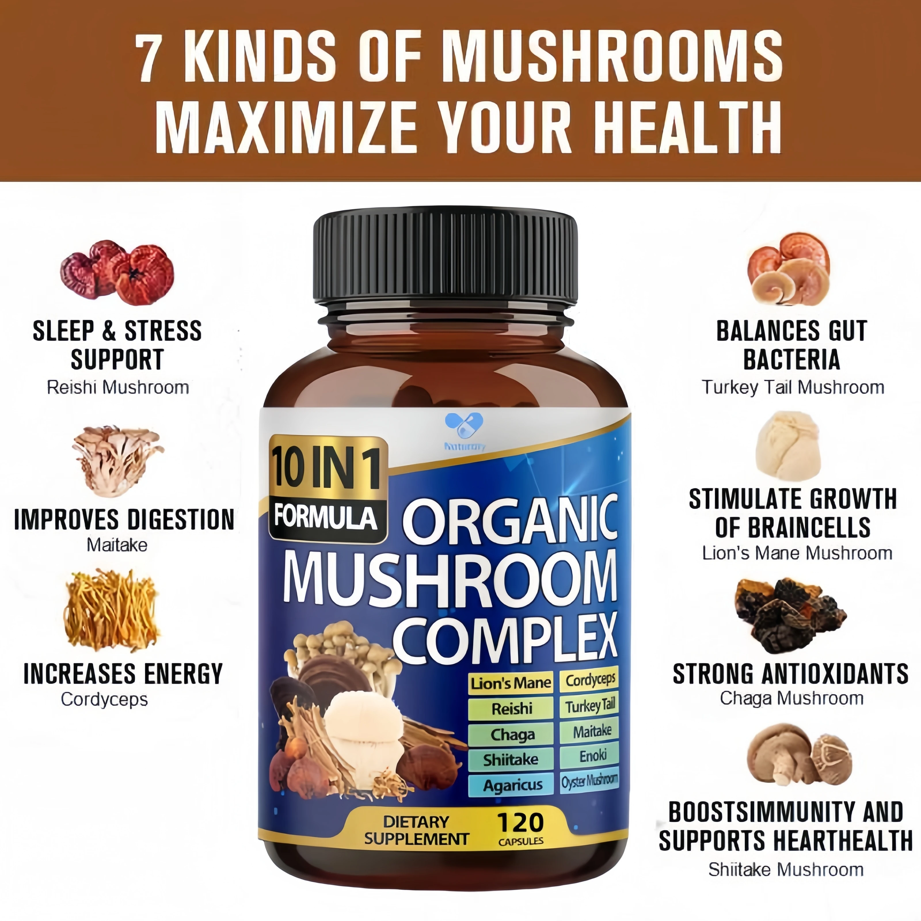 10 in 1 high-strength mushroom supplement 9700 milligrams - Lion mane Cordyceps sinensis Ganoderma lucidum - Focused brain