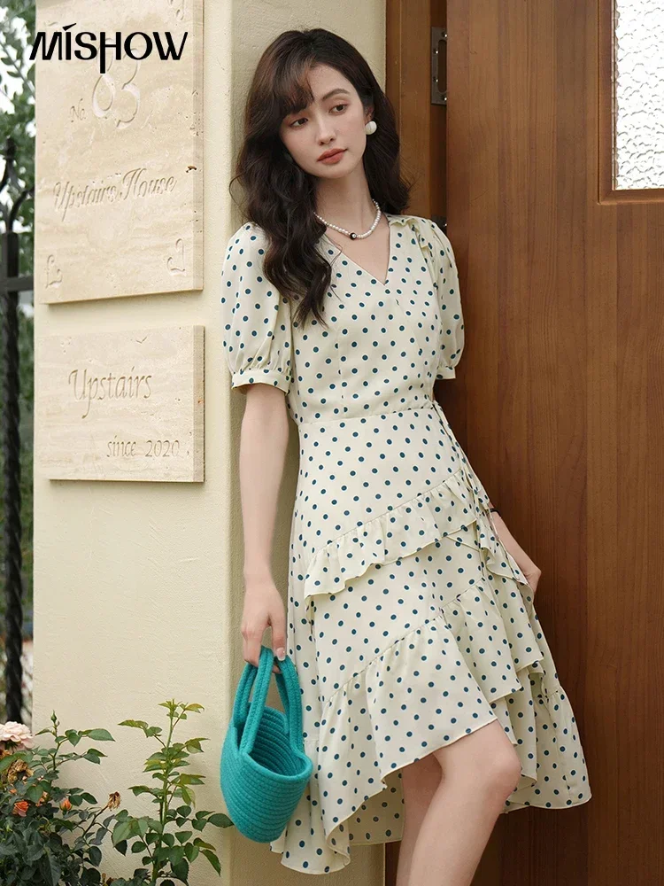 MISHOW French Retro Dot Dress for Women 2023 Summer A-line Ruffles Slim High Waist Puff Sleeve V-Neck Midi Dresses MXC35L1329