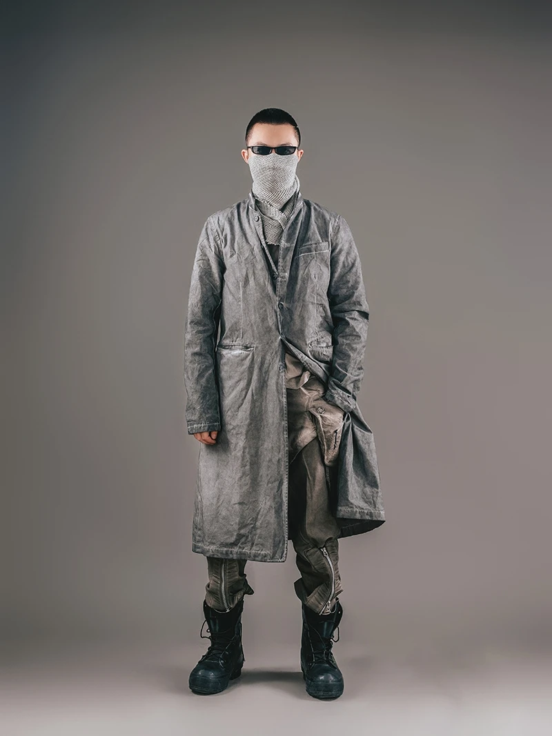 Paul Harnden Original Design Long Coat Aged Water Pattern Craft Fashion Urban Winter Men's Windbreaker Stand Collar Single Bu...