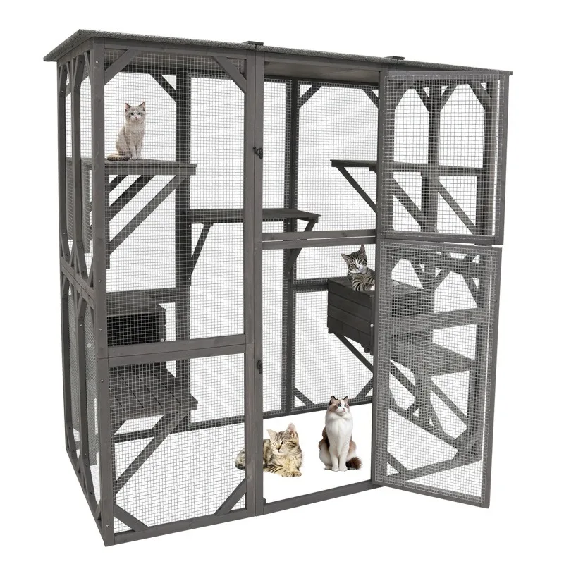 Solid Wood Cat Cage, Luxurious Double-Layer Cat Bed Cat House for Wooden Villas, All-Season Waterproof Cat House