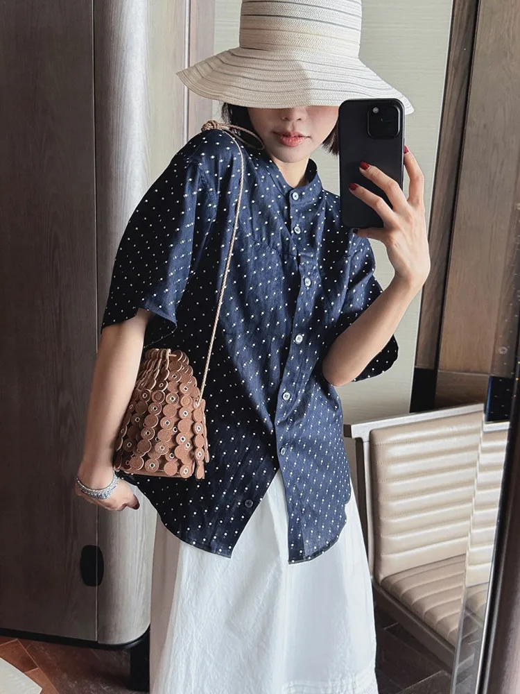 

Летняя женская льняная блузка в горошек Muguet De Mai, свободного кроя, с коротким рукавом, круглым вырезом, тонкая, в корейском стиле, для повседневной носки