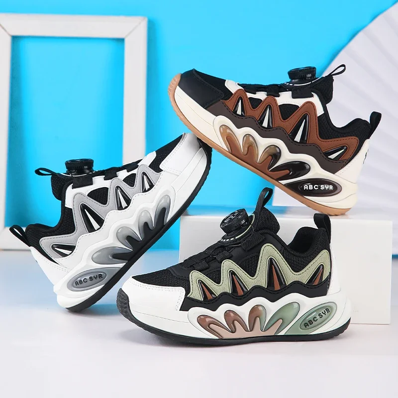 أحذية رياضية كاجوال للأطفال مضادة للانزلاق للأولاد أحذية رياضية ربيعية جديدة شبكية قابلة للتنفس بزر دوار أحذية ركض للأطفال