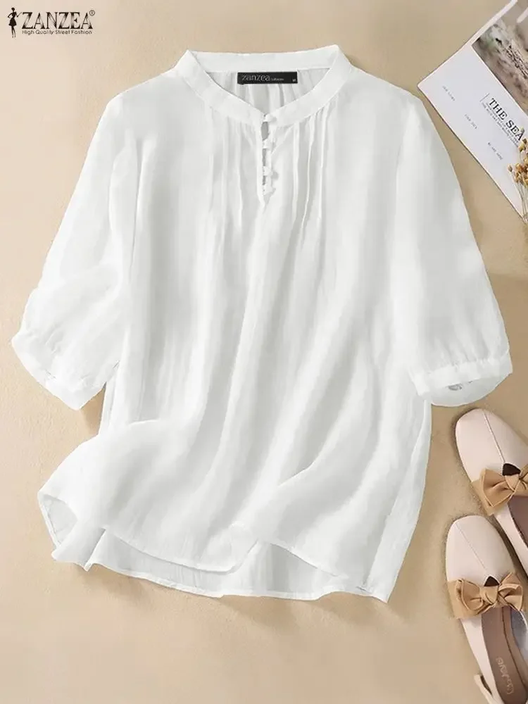 

ZANZEA модная блузка с коротким рукавом женские топы с круглым вырезом 2025 с рукавом 3/4, элегантная рабочая туника OL, повседневные свободные пуловеры больших размеров
