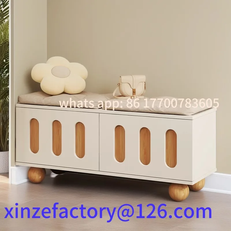 

Customizable Entry shoe change stool can be seated and stored at the door of the home